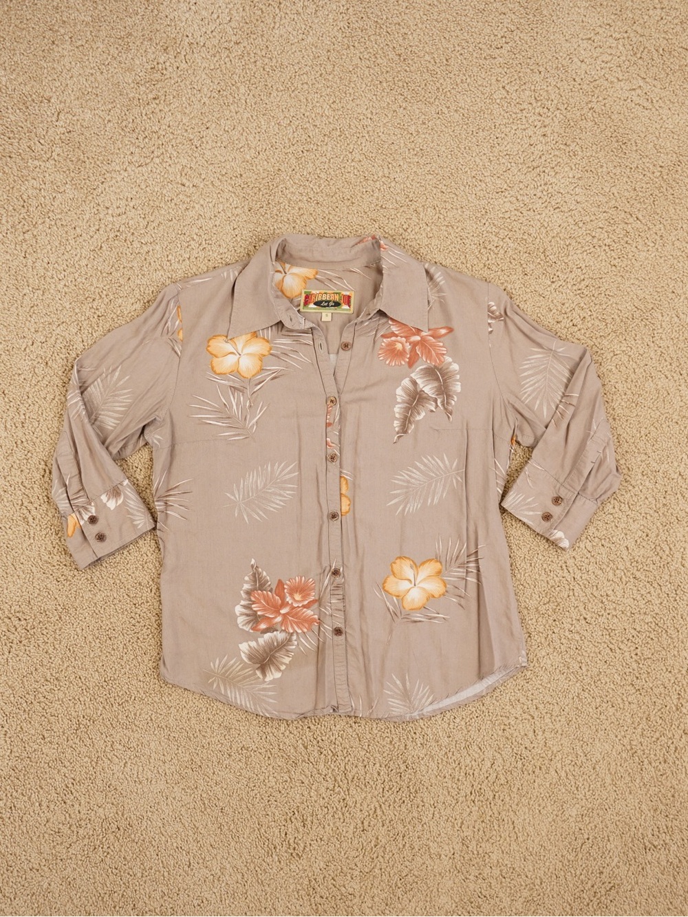 Caribbean Joe Taupe Floral Button-Down Shirt with Orange and Cream Blooms